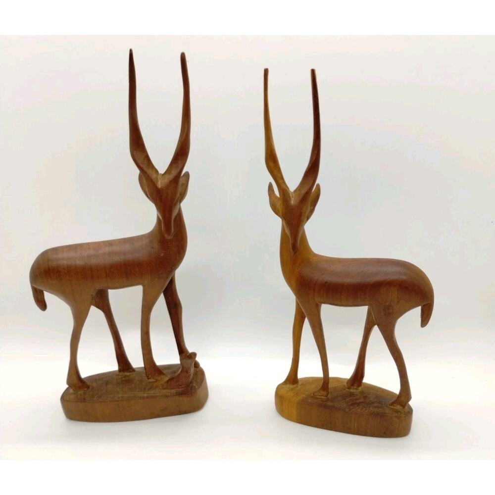 Vintage Hand Carved Doe & Buck Folk Art - Gazelle Deer - 8.25" Tall